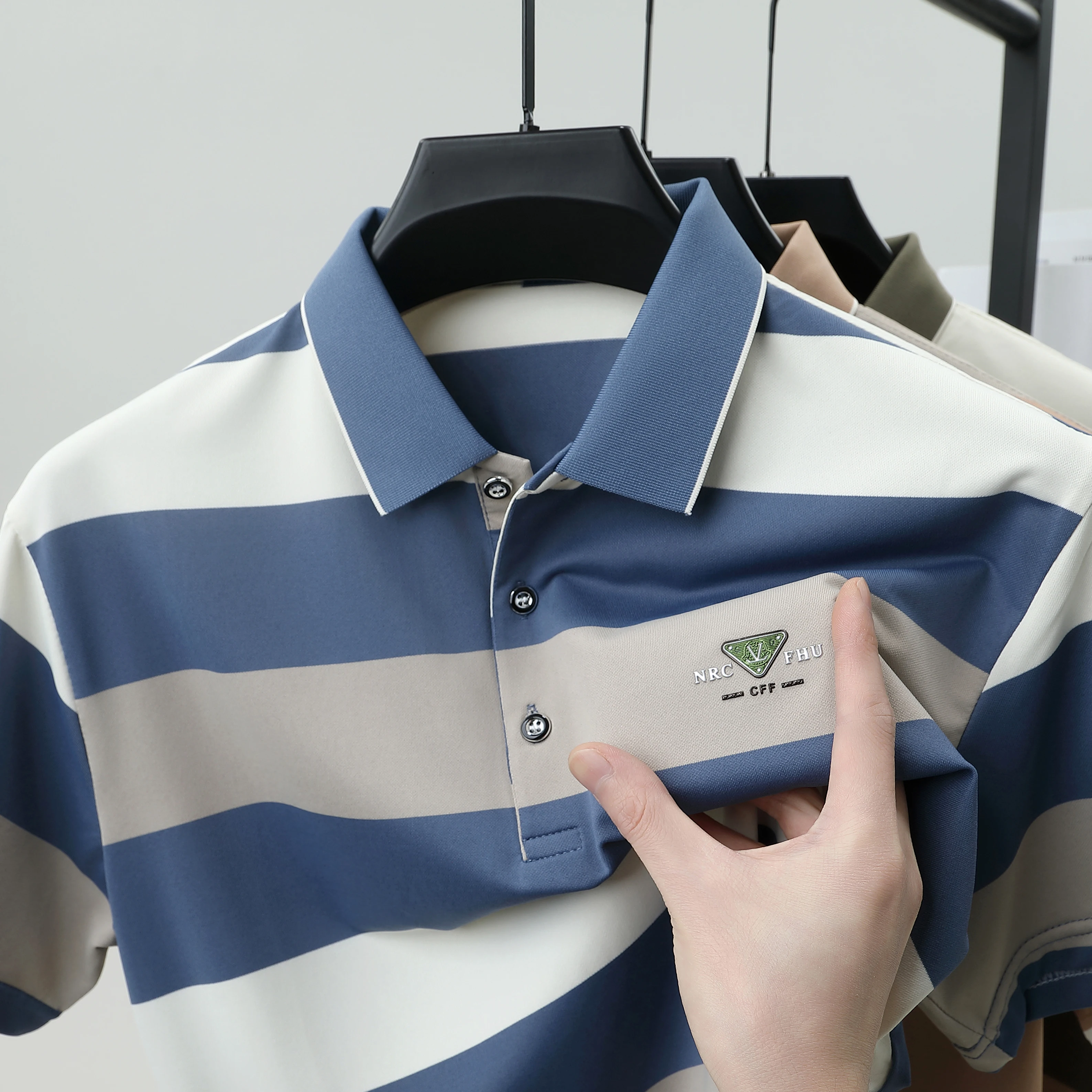 luxury wide stripe color blocked short sleeve polo shirt high-end brand letter embossed T-shirt fashion breathable men's wear