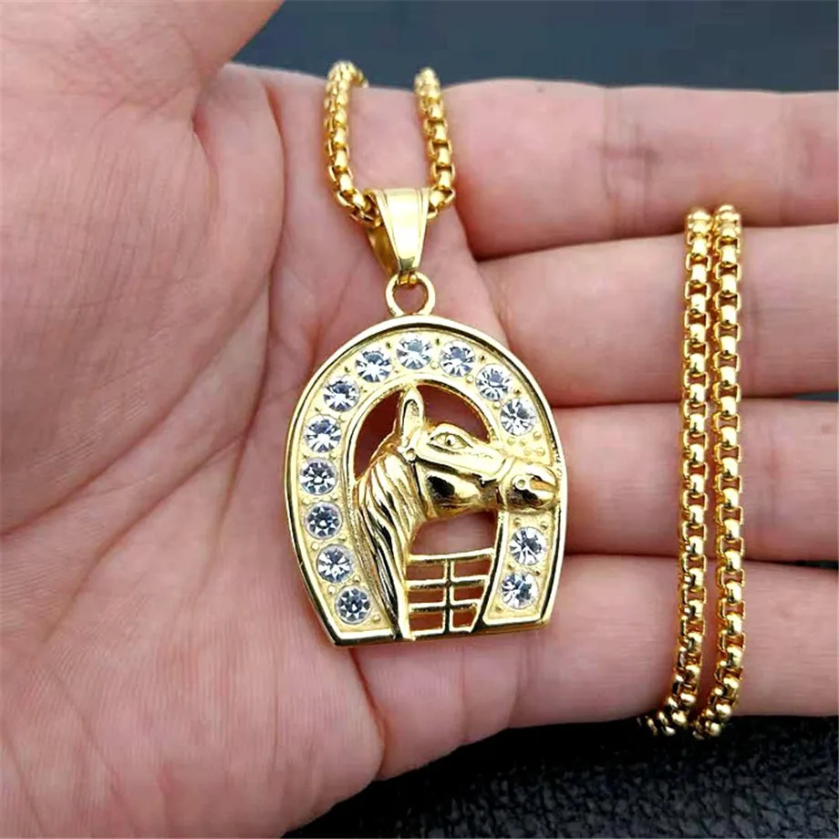 Punk Iced Out Bling Horseshoe With Horse Head Pendant Gold Color Stainless Steel Necklace For Men/Women Jockey Club Jewelry 2025 view 2