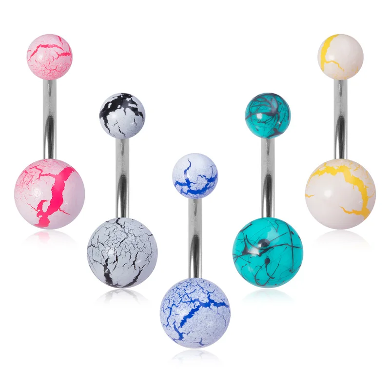 5PCS Acrylic Belly Button Ring Cracked Pattern Navel Piercing Stud for Women Surgical Steel Belly Bar Beach Bikini Body Jewelry