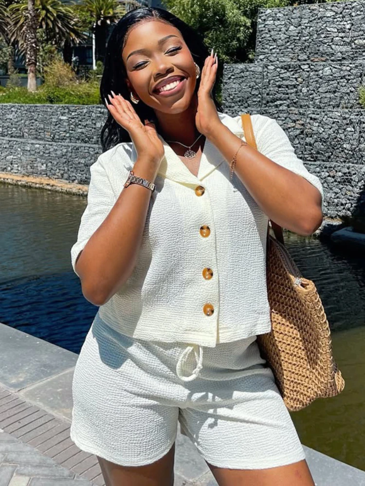 Summer StreetWear Track Suit Africa Fashion Solid Color Women 2 Piece Set Outfits Short Sleeve Shirt and Pocket Shorts Set