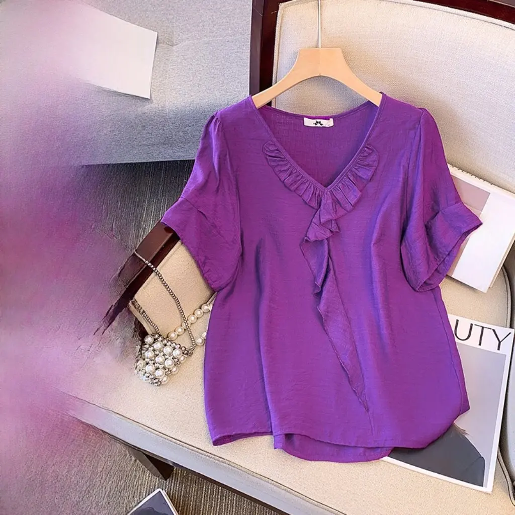 

plus Size Women's Deformation Strategy Chubby Girl Hong Kong Style Retro Short-Sleeved T-Shirt Elegant Loose Casual New Style