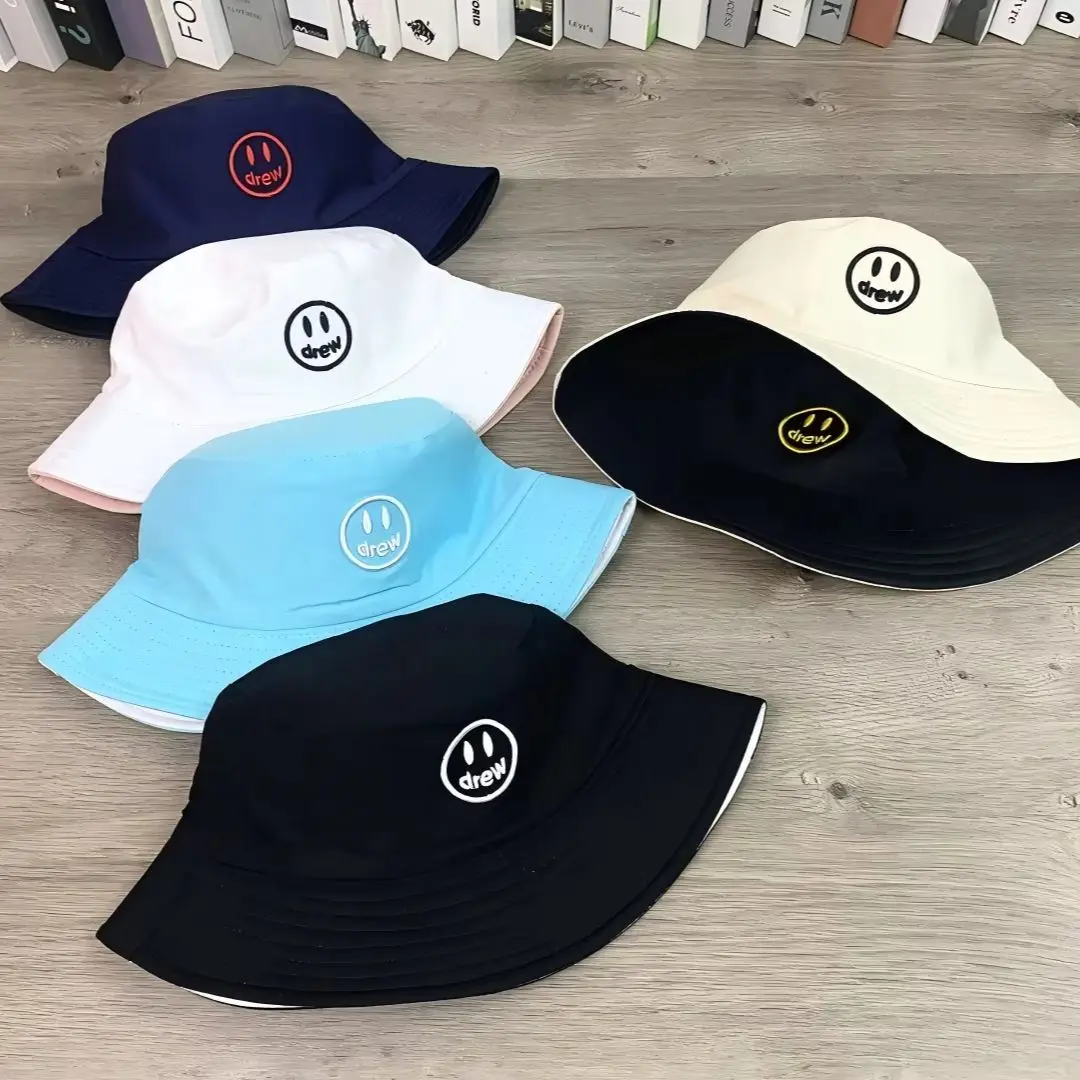 Smiley Face Embroidered Bucket Hat Unisex Reversible Fisherman Hat Hip Hop Streetwear Outdoor Sun Protection Cap