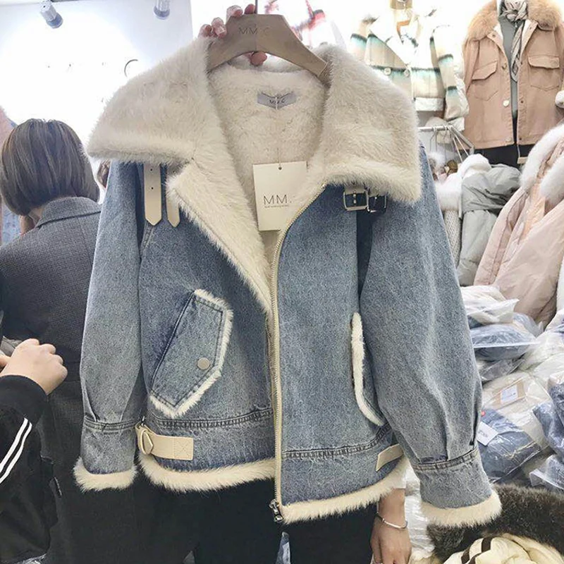 Women Lamb Wool Denim Jacket Autumn Winter Korean Style Fleece Zipper Warm Coat Loose Casual Plus Thicken Overcoat