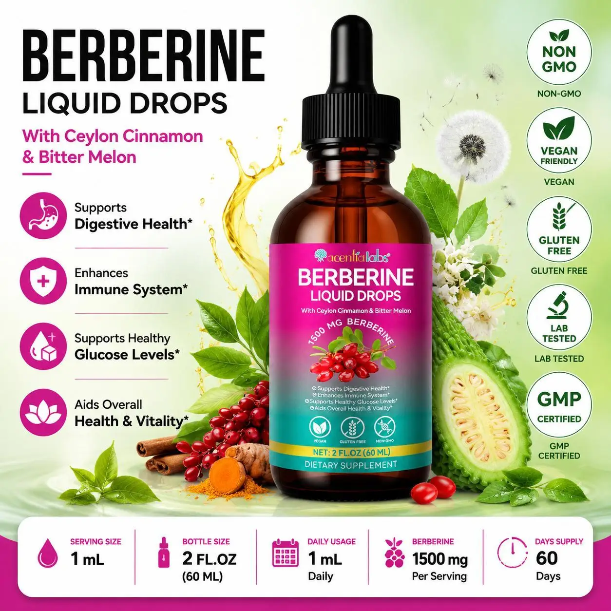 Berberine Liquid Drops with Ceylon Cinnamon & Bitter Melon for Metabolism Support, Digestive Health, Glucose Balance 60ml Vegan