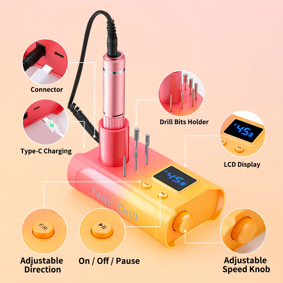 مبرد مثقاب أظافر كهربائي، مثقاب أظافر احترافي 45000 دورة في الدقيقة مع لقم وقاعدة، آلة مبرد أظافر إلكترونية قابلة لإعادة الشحن #4