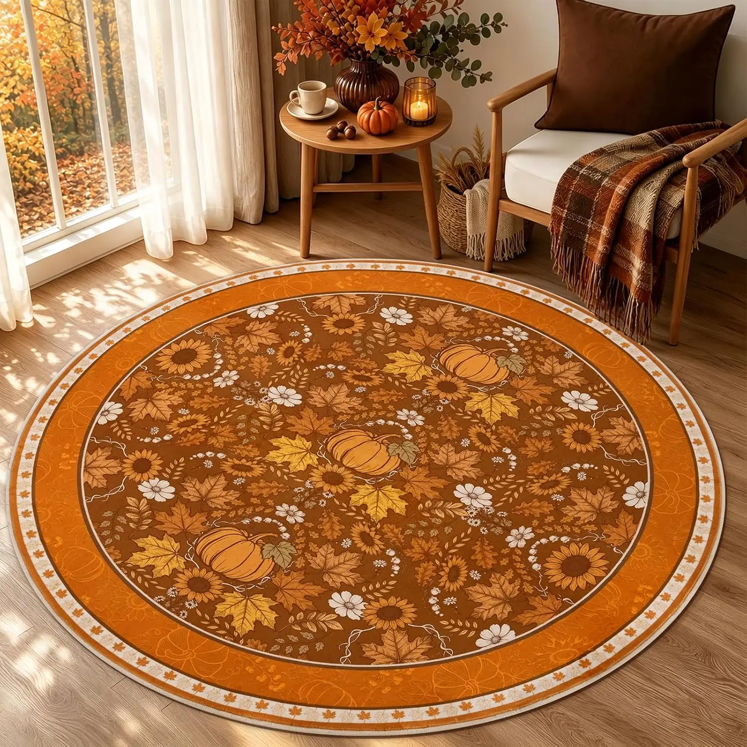 Fall 4x4 Round Area Rug Washable Non Slip, Pumpkin Soft Throw Rug