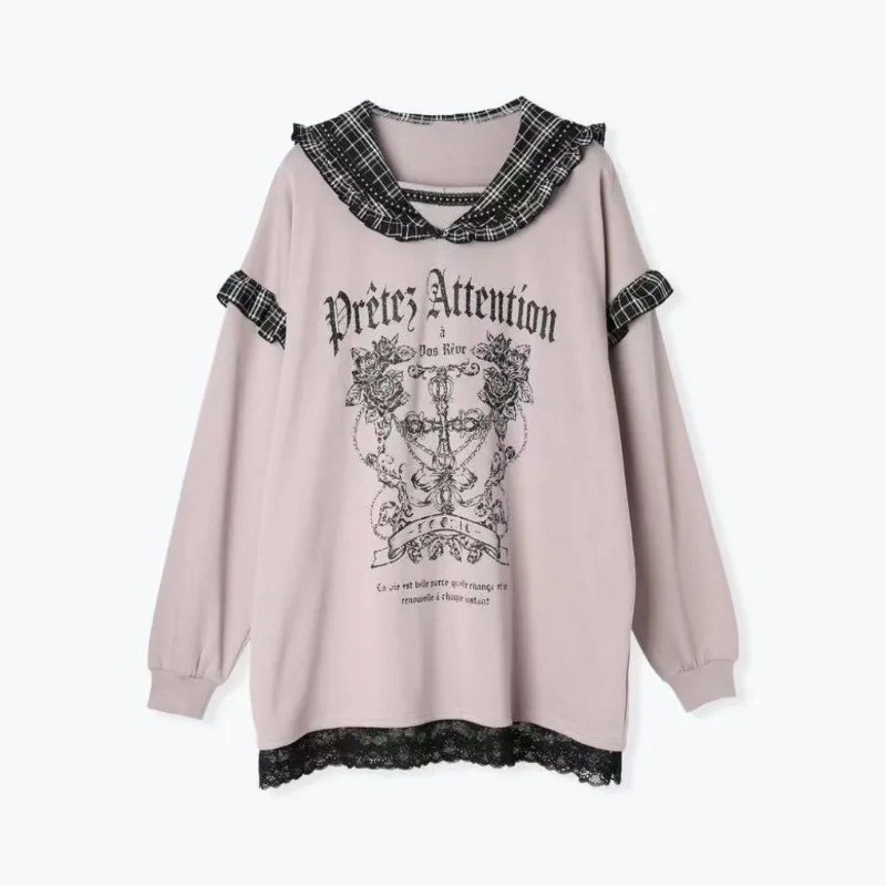 Frauen Subkultur Schwarz Lange-ärmeln Hoodies Japanischen Vintage Y2k Druck Spitze Patchwork Hoodie Herbst Neue Harajuku Stil Kleidung