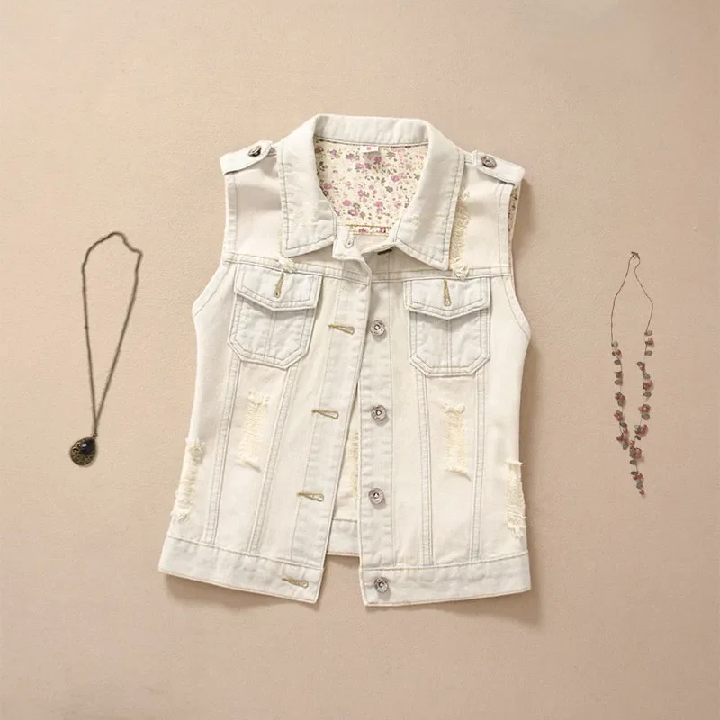

Vintage Blue Holes Patch Design Denim Vest Women Waistcoat Short Cowboy Sleeveless Jacket Big Pocket White Jeans Vests Female