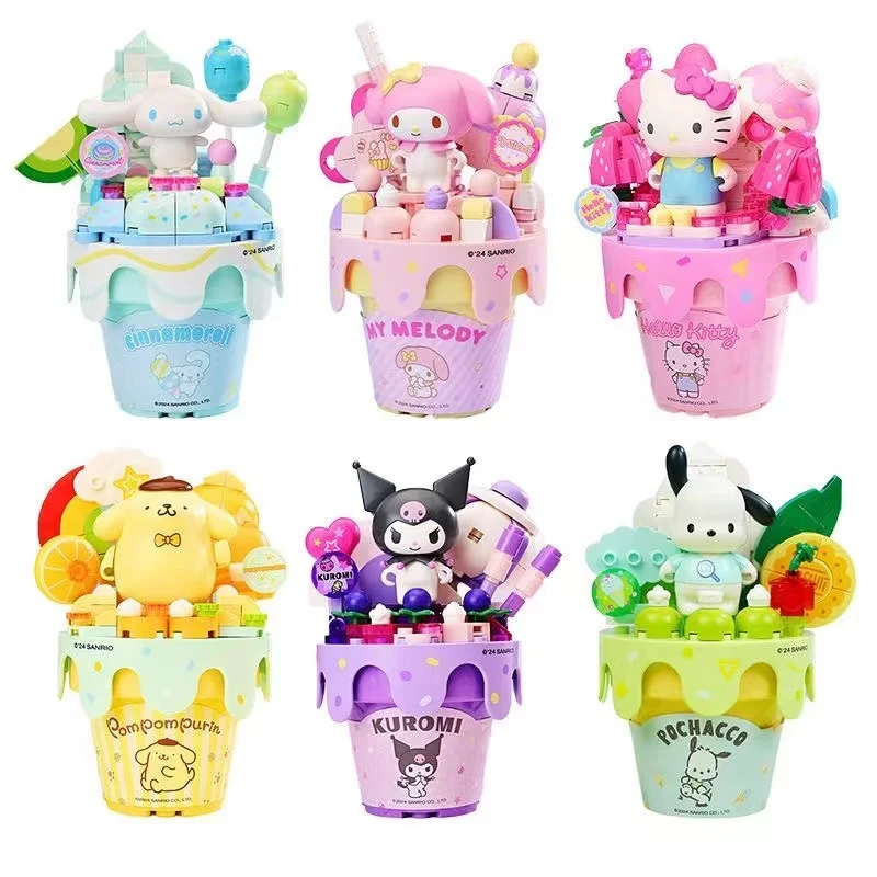 

2025 New Hello Kitty block toy animated character Hei Mei My Melody Ice cream cake decorated model toy girl birthday present