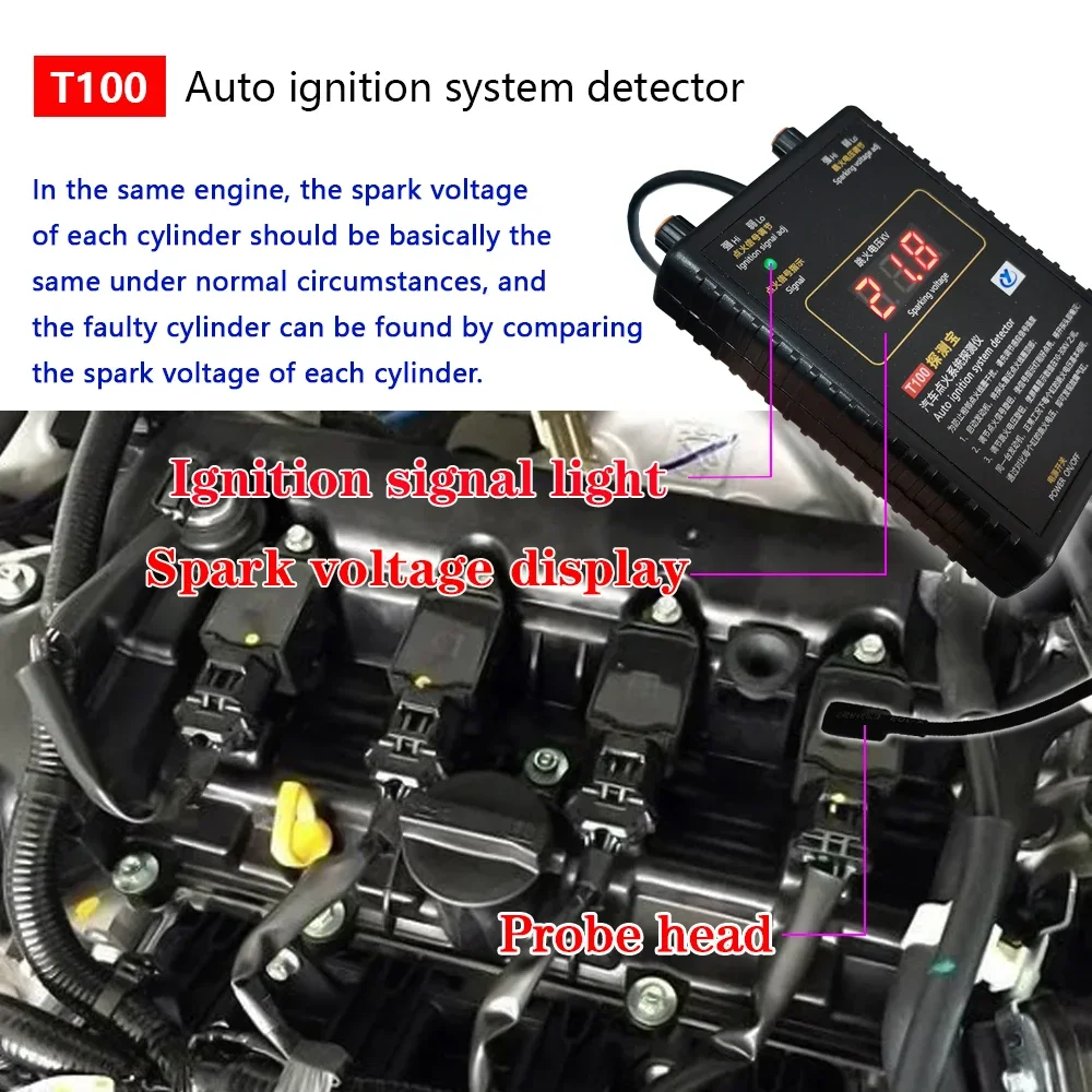 Auto sistema de ignição Detector, sistema de ignição, sinal de teste e tensão da faísca, T100, 12V, 24V