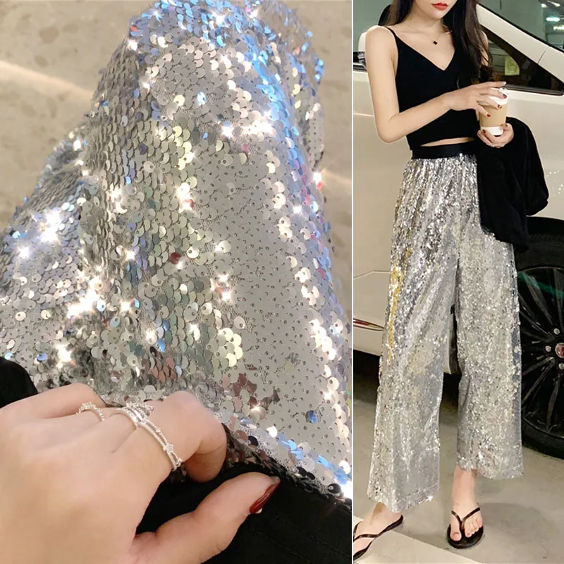 Silver Shiny Sequin Women's Casual High Waist Elastic Wide Leg Pants Street Style BlingBling Long Loose Fit Trousers