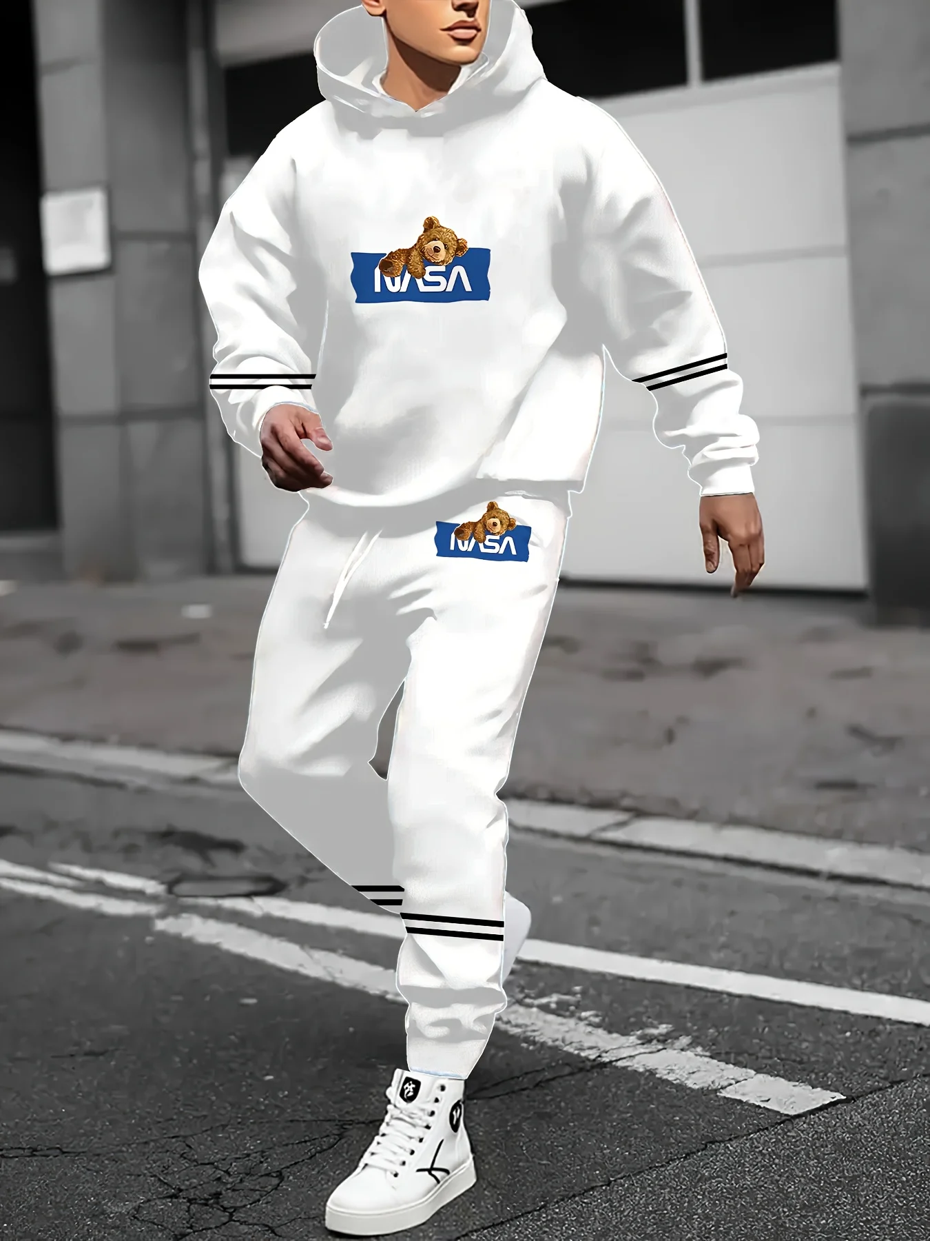 الخريف والشتاء الرجال هوديي مجموعة الأزياء الدب المطبوعة نمط هوديي مجموعة الرجال الرياضة هوديي مجموعة التجفيف السريع وتنفس