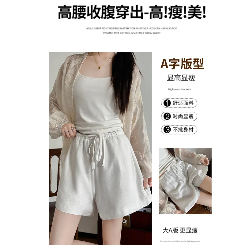 شورت كتان أبيض مغسول للنساء Summer2025 خفيف الوزن للتخسيس غير رسمي بنطال ذو قصة أرجل واسعة فضفاض من القطن والكتان بنطال بخمس نقاط