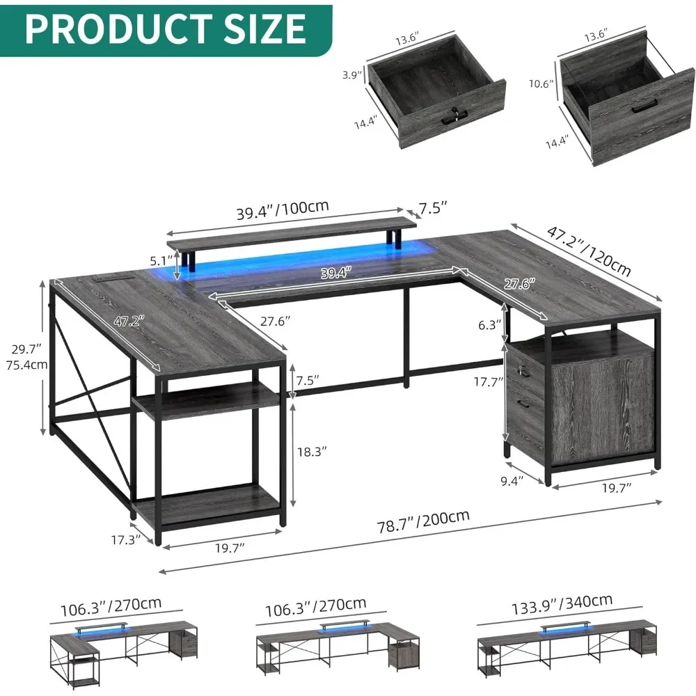 U-shaped table, computer desk with power socket and LED lights, double-sided L-shaped table with drawers with monitor stand