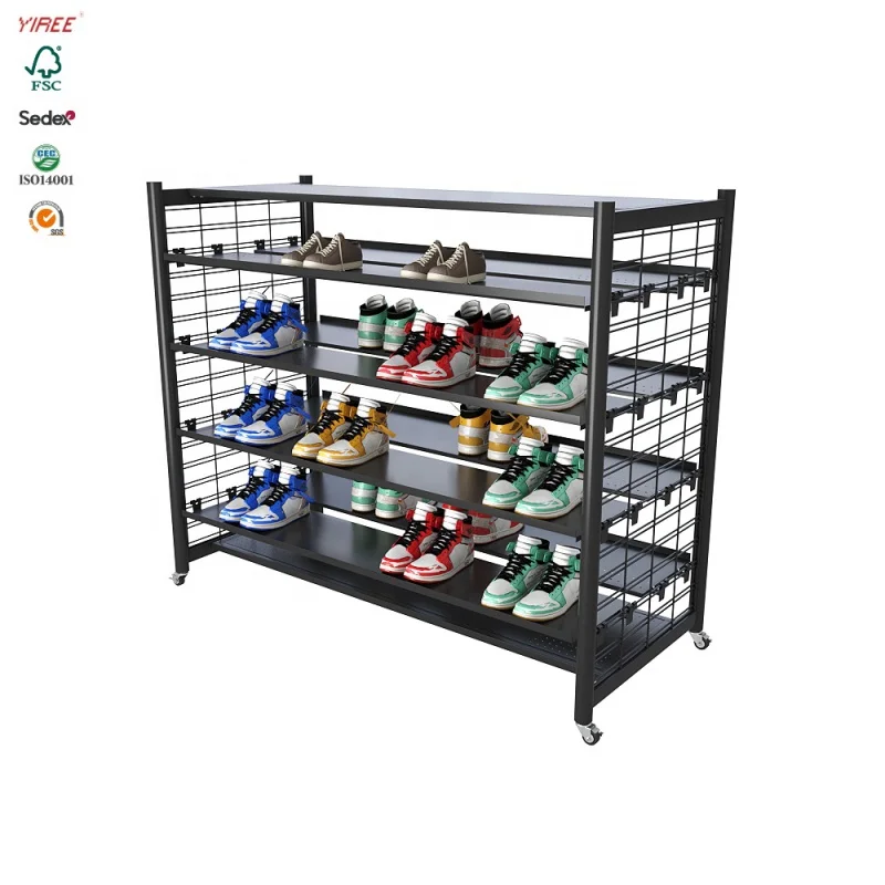 custom.Mobile wheel custom multi used footwear store iron industrial shelves shoe display rack stand for shop storage