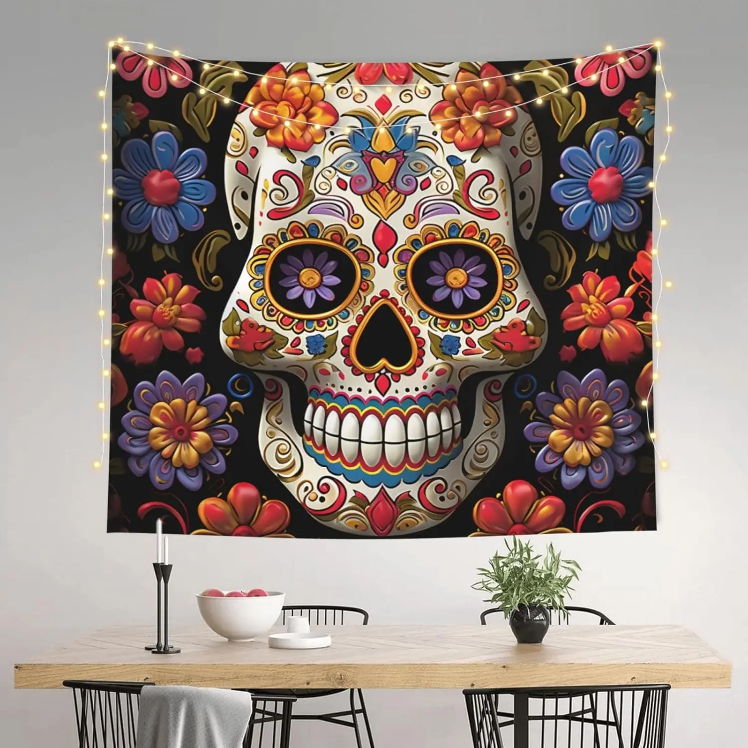 Sugar Skulls Tapestry Wall Hanging, Wall Art Tapestries Backdrop Poster Wall Decor Tapestry For Bedroom Living Room Dorm 60x51in