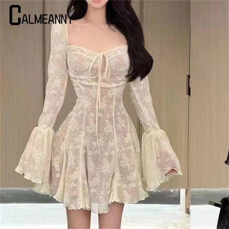 2024 Summer Women\'s Dress Fashion New Korean Edition Long Sleeve Square Collar Vintage Lady Dresses Sexy Lace Party Mini Dress