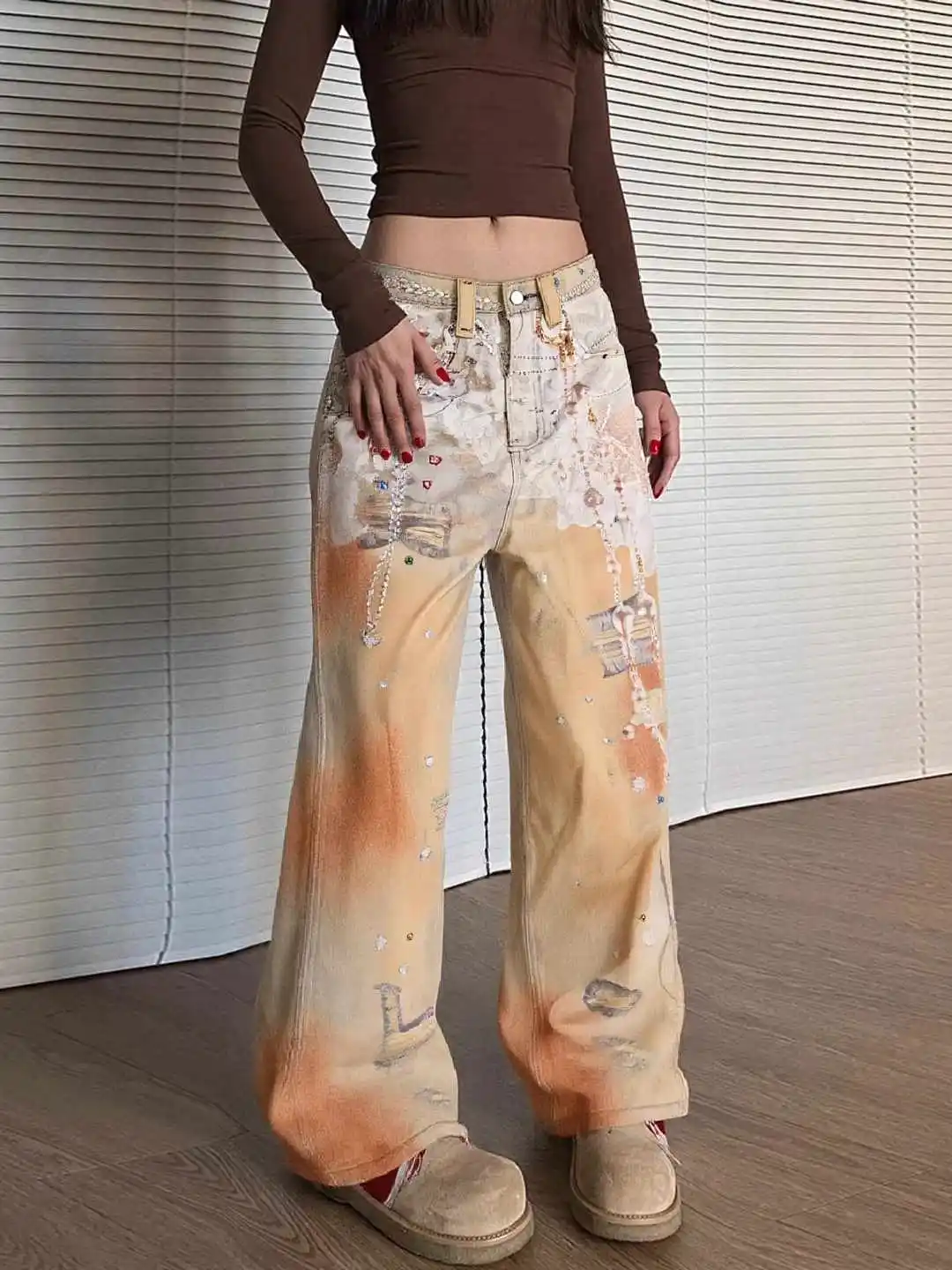 

Винтажные свободные джинсы с высокой талией в стиле Харадзюку, брюки градиентного цвета, осень-зима 2023, женские широкие мешковатые джинсовые брюки Y2K