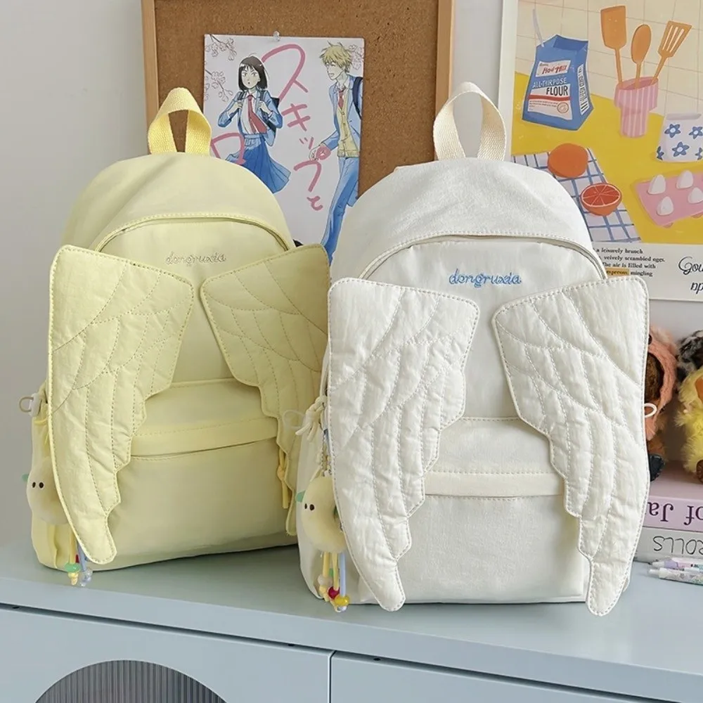 Versatile Angel Wing Backpack Y2k Style Large Capacity Canvas Backpack Lightweight Embroidered Pattern Nylon Backpack