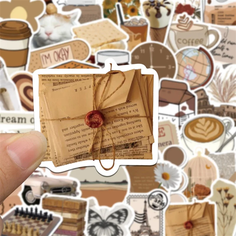 10/30/60PCS Vintage Brown Sticker Aesthetic PVC Laptop Sketchbook Children\'s Stationery Decoraction Scrapbooking School Supplies