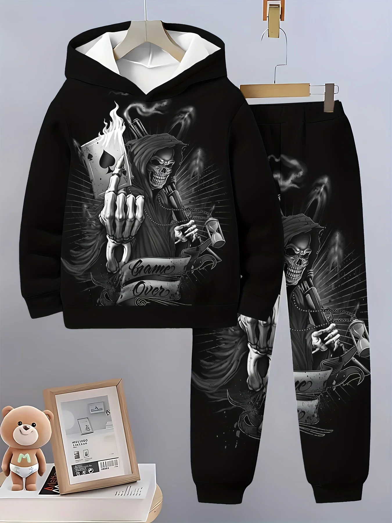 

Забавный мужской свитшот с 3D принтом черепа, осенне-зимний повседневный комплект с капюшоном, брюки, комплект из 2 предметов, модный костюм в стиле хип-хоп, уличная одежда