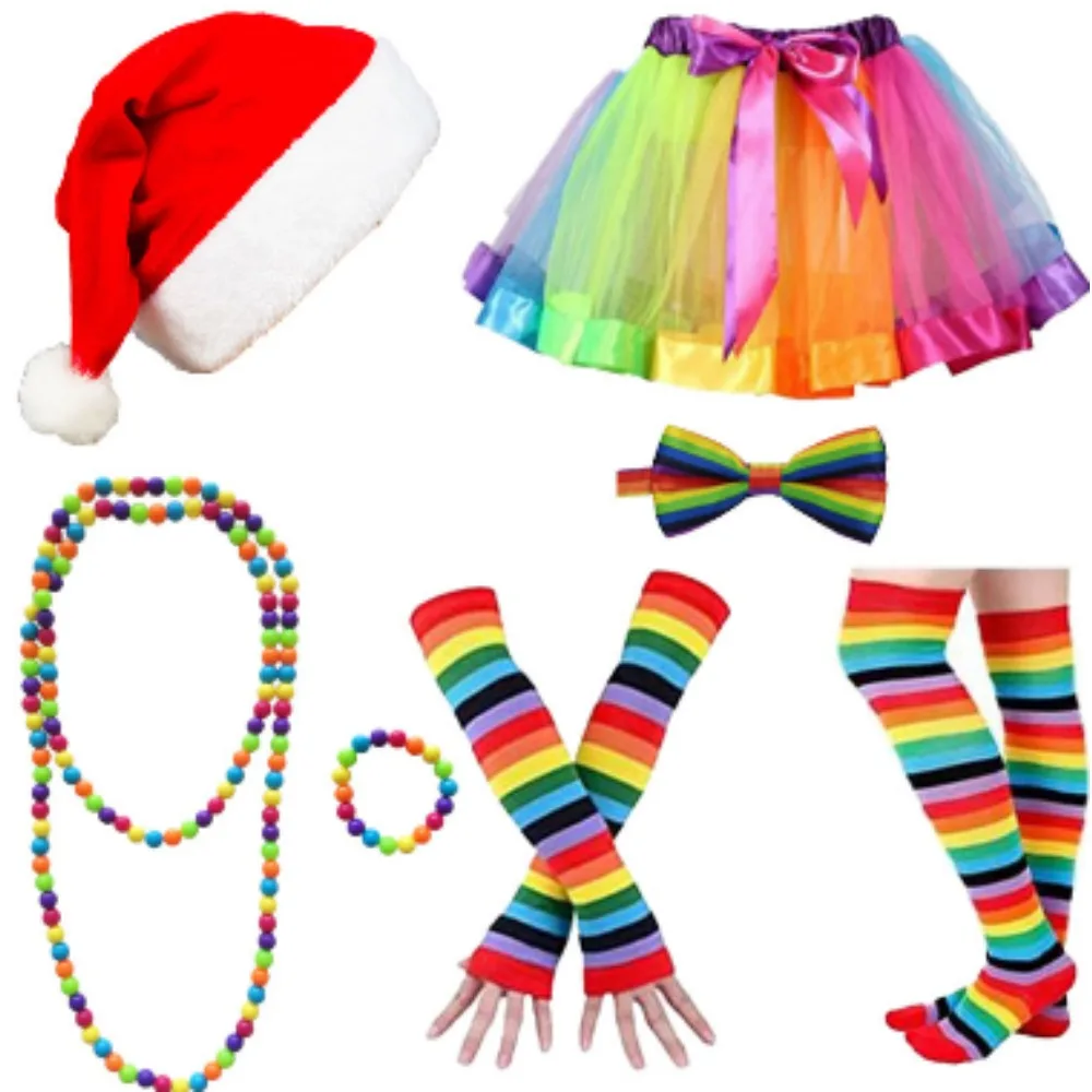 

Christmas Six-Piece Set Colorful Bead Chain Necklace Bracelet Set Colorful Skirt Red Gold Velvet Santa Hat