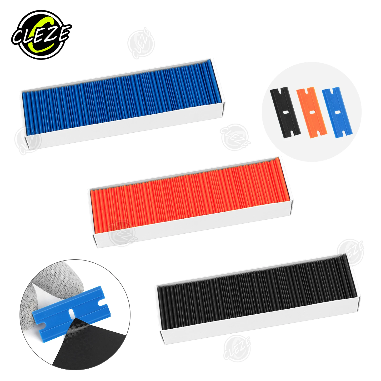 CLEZE 100PCS Plastic Razor Blades Double-Edged Scraper Tool for Window Glass Cleaning Car Wrap Sticker Adhesive Removal
