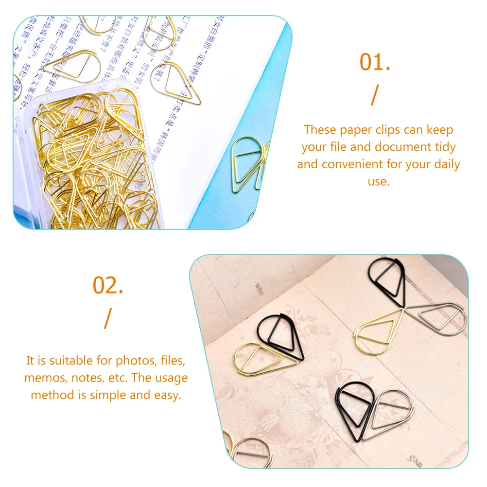 100 Pcs Paper Clips Office Paperclips Drop Shaped for Document Gold Metal Teardrop Golden Clamp Multiuse Student