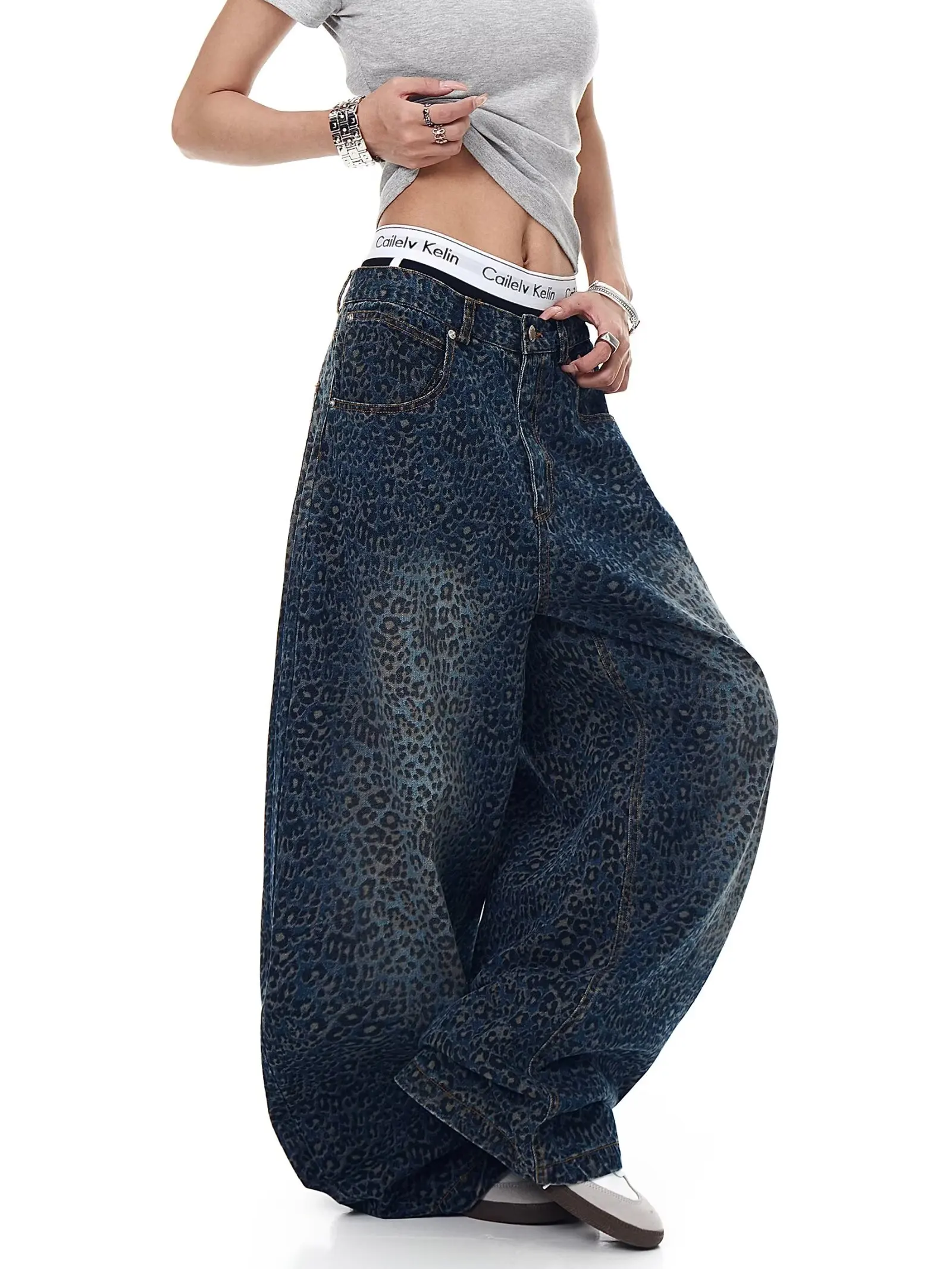 

Женские брюки, осень 2023, новые ретро широкие джинсы с леопардовым принтом и горячими бриллиантами, женские брюки с высокой талией и уборкой в пол Tide