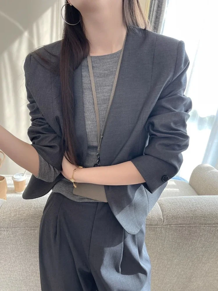 

Women's Gray Casual Simple V-neck Long Sleeve Blazer Basic Spring 2025 Commute Neat Petite Elegant Versatile Suit Jacket