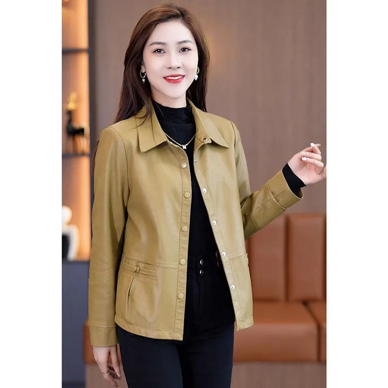 2024 Spring Autumn New Leather Comfortable Jacket Ladies Short Loose Joker Fashion Leather Jacket Casual Button Simple Jacket