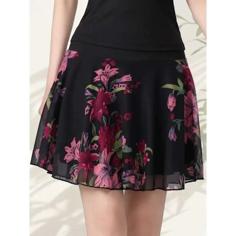 

Summer Latin Dance New Slim Mesh Printed Half-body Skirt Practice Clothes Dancewear Modern National Standard Ballroom Dance
