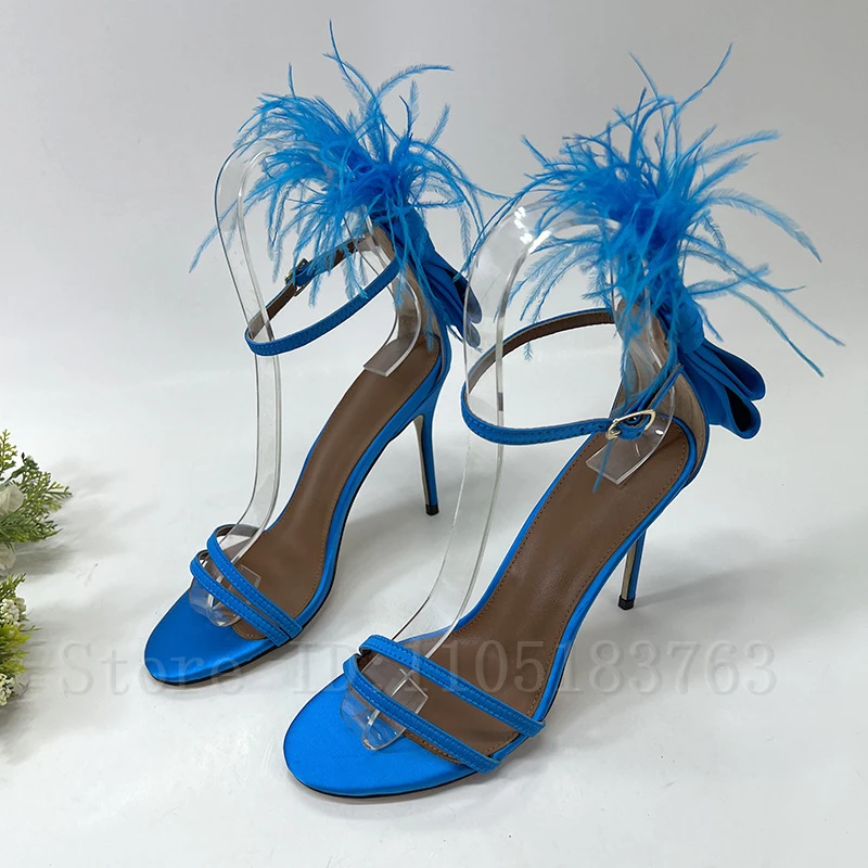 

Elegant Feathers Blue Green Satin Sandals Women Brand Bridal Wedding Shoes Summer Fashion Party High Heels