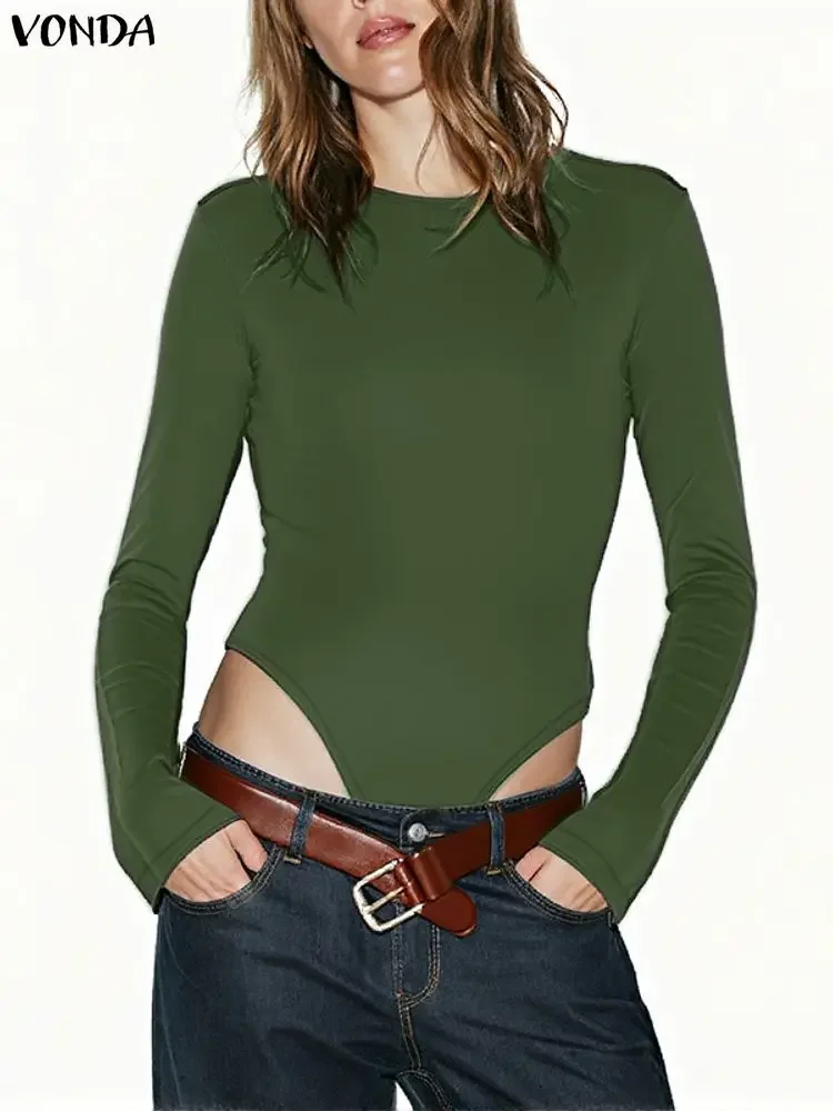 

Sexy Women Bodysuits VONDA Autumn Long Sleeve T-Shirts 2025 Fashion Casual Solid Short Playsuits High Waist Famale Slim Rompers
