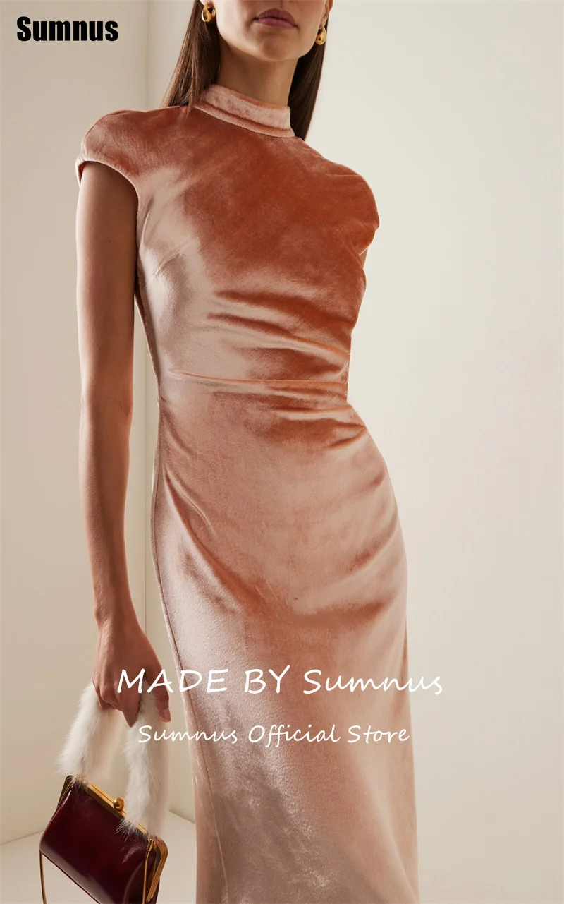 Sumnus vestidos de baile de sereia simples de veludo com gola alta na altura do tornozelo vestido de noite فГрэй