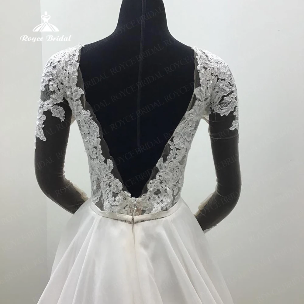 Klassische Spitze Applikationen Chiffon eine Linie Brautkleid voller Ärmel rücken frei Braut Zivil Boho Quittung Hochzeits feier Kleider