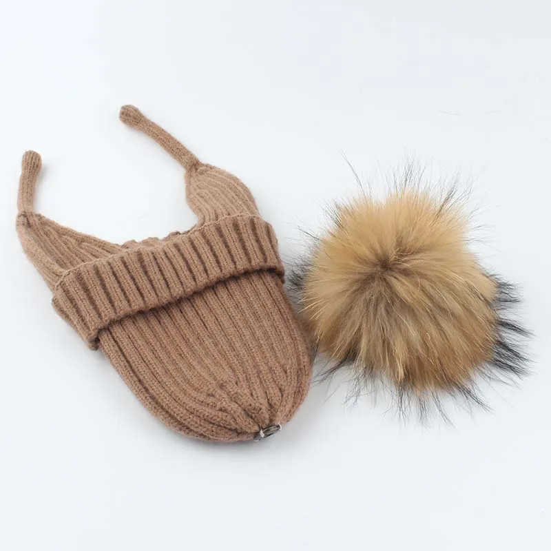 2023 Winter Crochet Baby Hat Real Fur Pompom Infant Toddler Earflap Cap Bonnet Soft Warm Beanie Solid Color Kids Knitted Hat