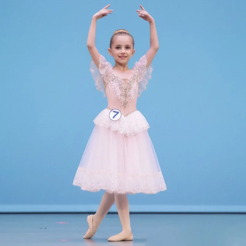 Kids Romantic Long Ballet Dress Girls Sequins Tassel Modern Dance Tutu Stage Wear Princess Costume for Children