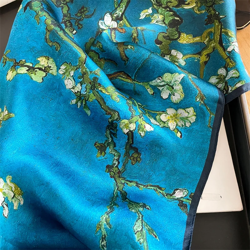 New 100% Real Silk Satin Women Scarf 2024 Flower Printed Foulard Femme Square Head Scarfs Bandana Shawl Gift For Lady Hijab