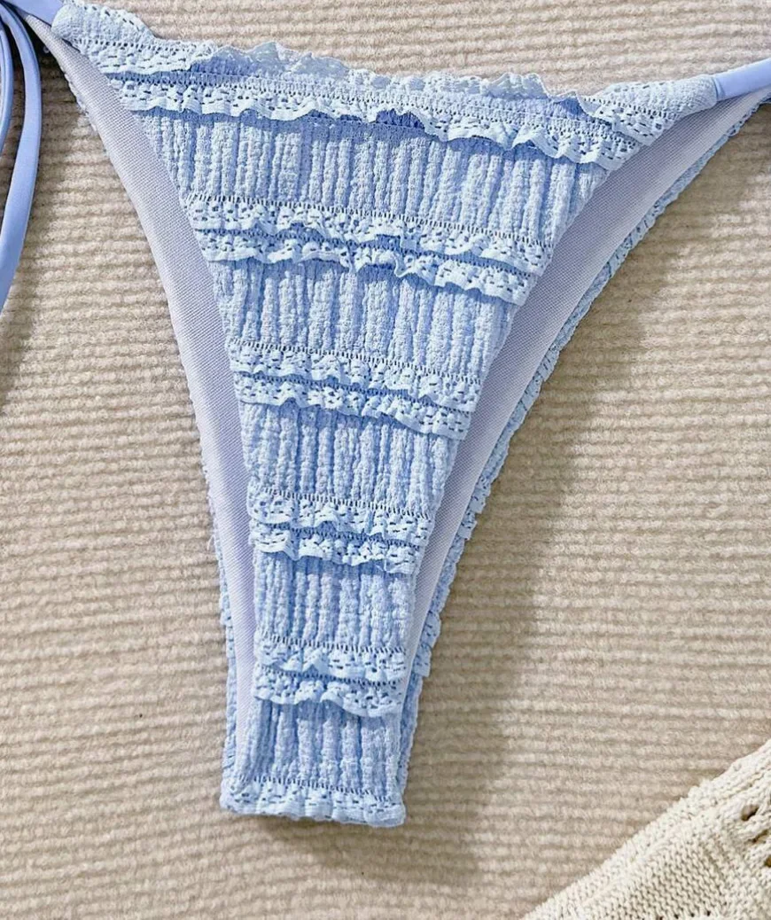 2025 Summer Beach Vacation Women's Sweet Style Strap Top Bikini Swimsuit with Wrinkle Solid Color Swimsuit Three Point Style
