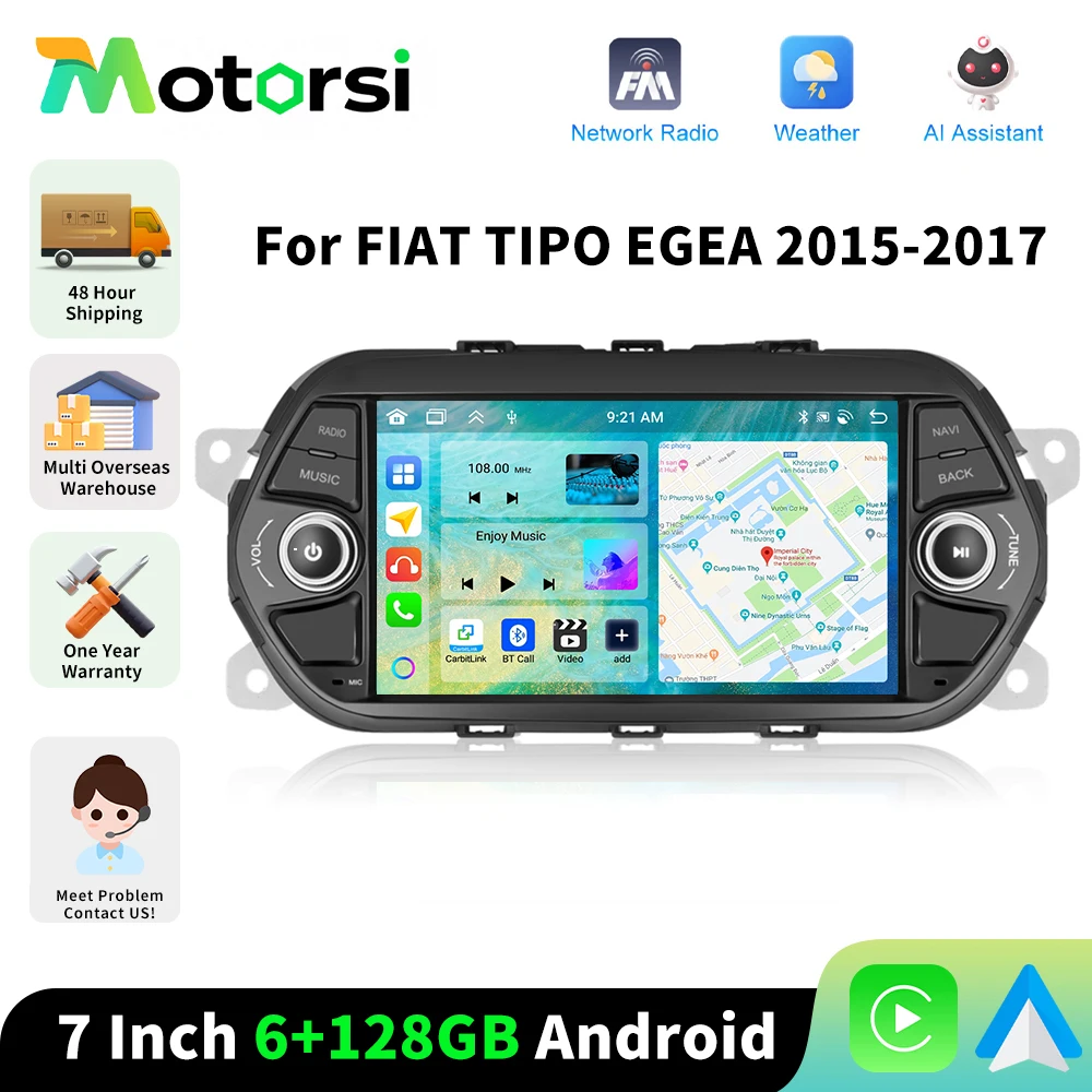 Motorsi inalámbrico CarPlay Android Radio de coche para FIAT TIPO EGEA 2015-2017 AI voz GPS WIFI Autoradio FM/RDS BT EQ DSP 2din Radio
