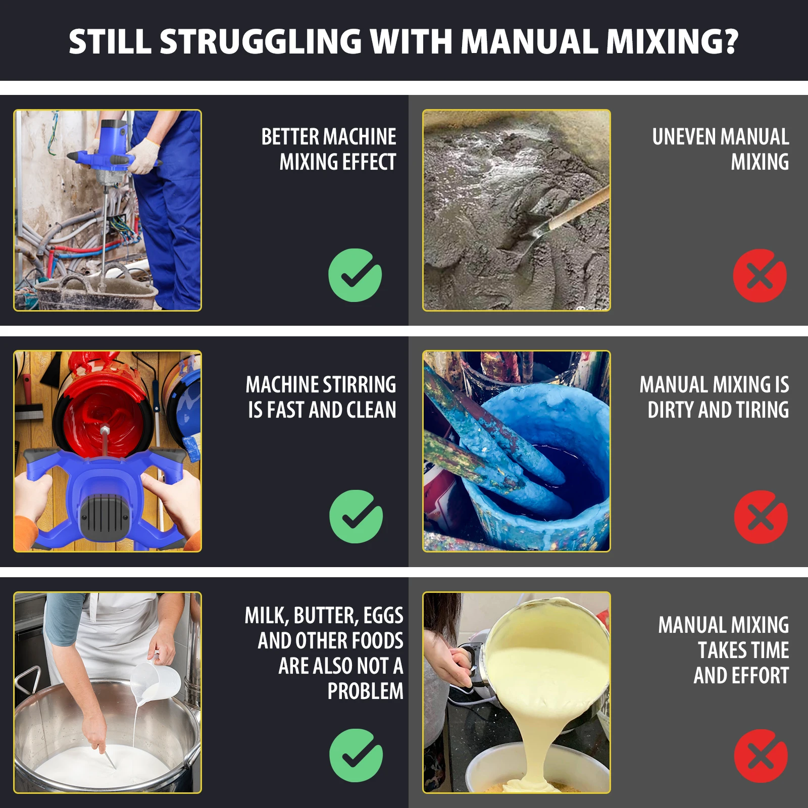 خلاط الطلاء واللاط الصناعي ذو 6 سرعات من Lucn، مجداف تقليب الحفر M14 شديد التحمل بقدرة 3000 وات لتجصيص الجبس والأسمنت