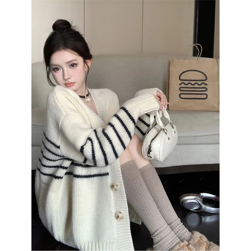 Preppy Style Loose Striped Sweater Women Autumn Winter Long Sleeve Knitting Cardigan Coat Fashion All-match Trend Knitwear Tops