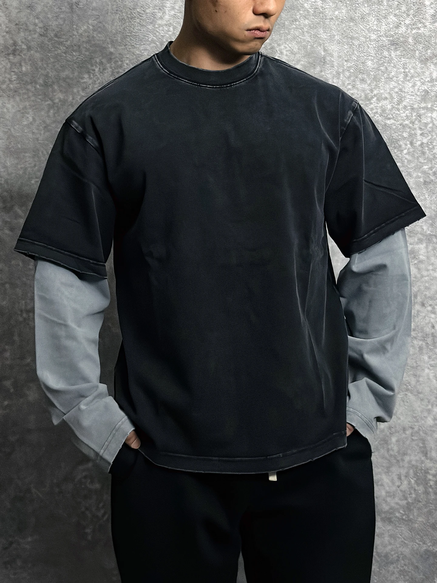 

Мужская толстовка Waed Heavyweight с длинным рукавом, черная, из чистого хлопка, свободного кроя, в стиле High Street, оверсайз, весна-осень, имитация двухслойности