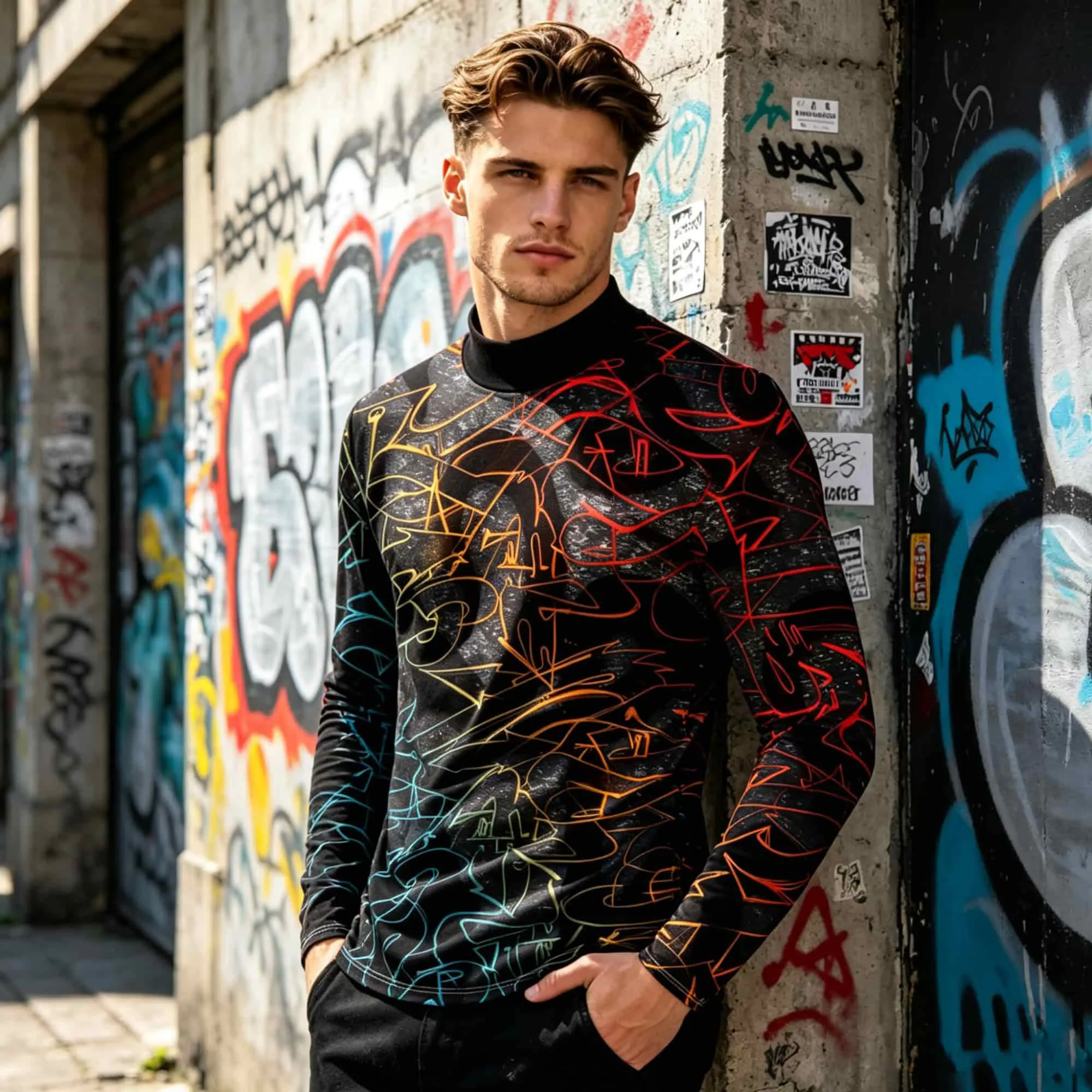 Men Hip Hop Streetwear Mock Neck Long Sleeve Pullover Vivid Multicolor Graffiti Line All Over Print Casual Tee