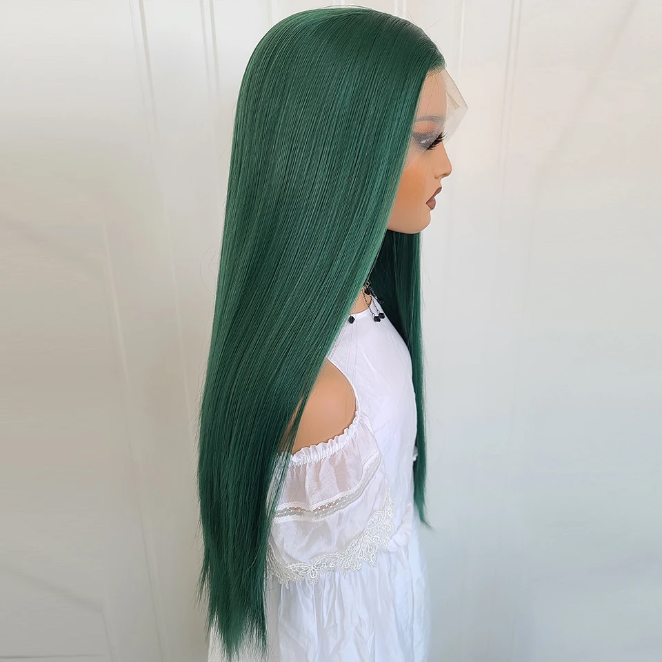 برناردو شعر مستعار أخضر داكن 13X4 الاصطناعية الدانتيل الجبهة الباروكات للنساء 26 بوصة طويل مستقيم الشعر ألياف مقاومة للحرارة غلويليس الباروكات