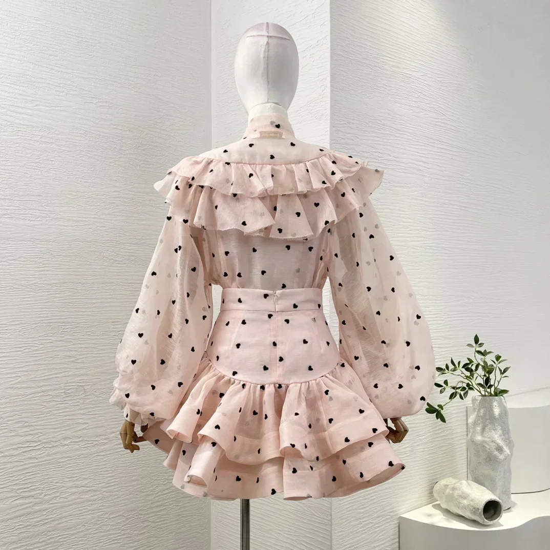 Linen Silk 2025 New Pink Series Heart-shaped Black Polka Dots Print Ruffles Lantern Sleeve Bow Blouse and Mini Cake Skirt Set