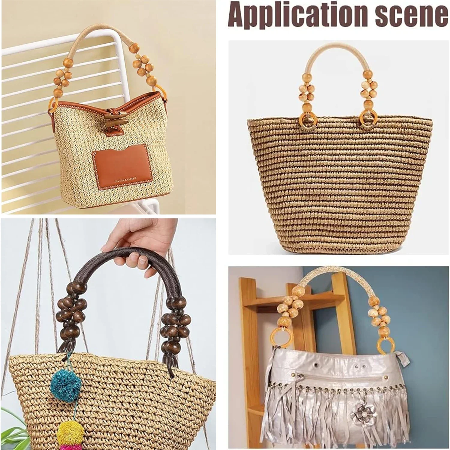 1/2PCS Purse Handles Rustic Bag Handles U-Shape Replacement Handbag Handle Wooden Beaded Purse Strap for DIY Crochet Bag Making