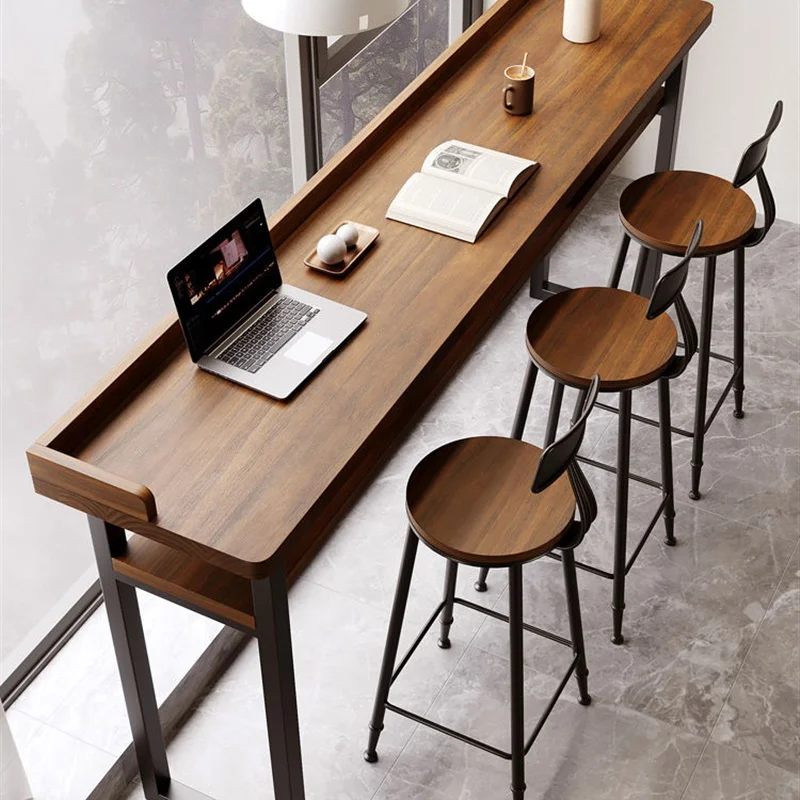 

Balcony double-layer solid wood baffle narrow table long strip high and low foot long high table