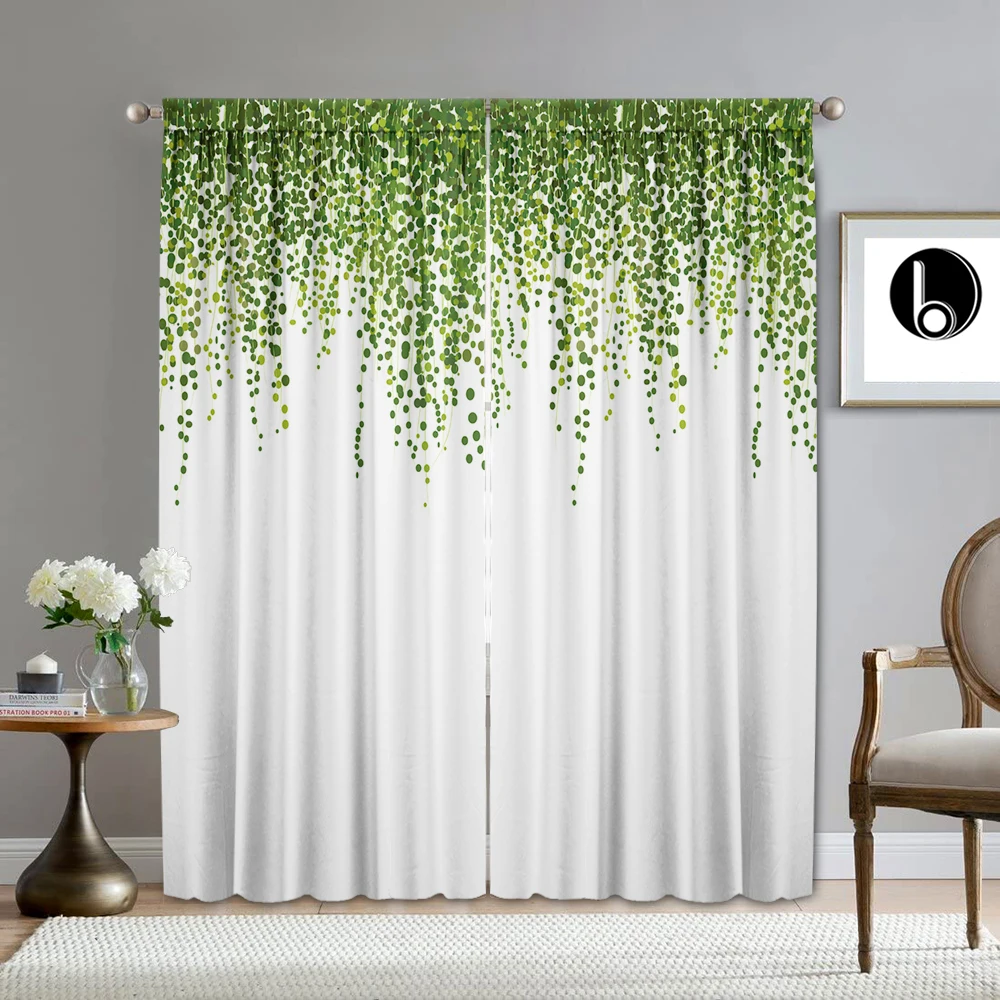 2PC Home Decoration Curtains With Green Hanging Leaves And Pole Bag Curtains, Kitchen, Coffee Shop, Living Room, Balcony, Garden